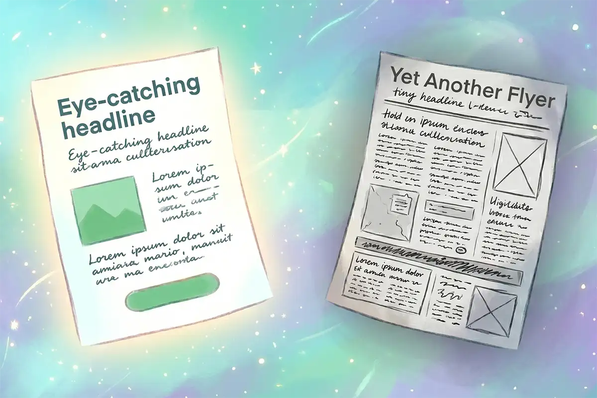 Comparison of a clear, well-structured flyer against a cluttered one