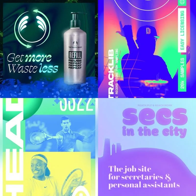 Design work examples — Body Shop, Tracklib, Head SS22, Reach PLC by Louis Lantos